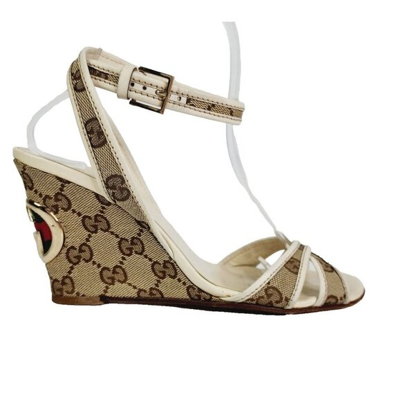 GUCCI Beige GG Canvas Monogram Cross Strap Wedge Ankle Strap Sandal Size 6.5 B - Picture 1 of 16